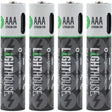 Four Lighthouse AAA lithium-ion rechargeable batteries with USB-C charging port, white and dark gray design with green branding, displayed in a row