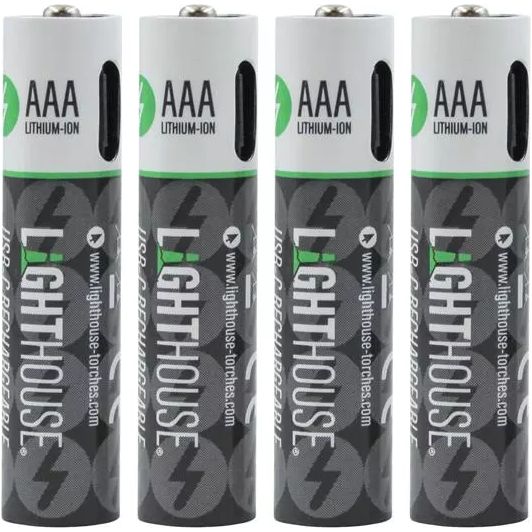 Four Lighthouse AAA lithium-ion rechargeable batteries with USB-C charging port, white and dark gray design with green branding, displayed in a row