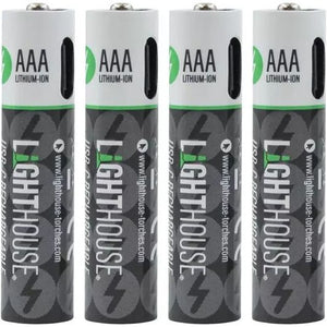 Four Lighthouse AAA lithium-ion rechargeable batteries with USB-C charging port, white and dark gray design with green branding, displayed in a row