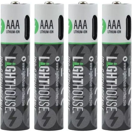 Four Lighthouse AAA lithium-ion rechargeable batteries with USB-C charging port, white and dark gray design with green branding, displayed in a row
