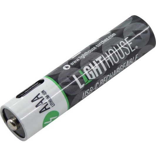 Lighthouse AAA USB-C rechargeable lithium-ion battery with black and white casing and green accent stripe, displayed at an angle against white background
