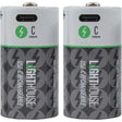Two Lighthouse USB-C rechargeable C batteries with lithium-ion technology, featuring white tops with green lightning bolt logos and black lower sections with repeating battery icons, displayed side by side