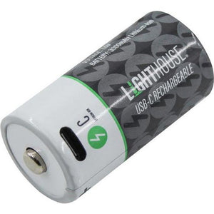 Lighthouse USB-C rechargeable C batteries with white lower section and dark patterned upper section, showing green power indicator and charging port, pack of 2 lithium-ion cells