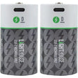Two Lighthouse D size lithium-ion USB-C rechargeable batteries with white tops, green lightning bolt logo, and dark gray patterned sides showing lightning bolt designs