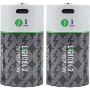 Two Lighthouse D size lithium-ion USB-C rechargeable batteries with white tops, green lightning bolt logo, and dark gray patterned sides showing lightning bolt designs