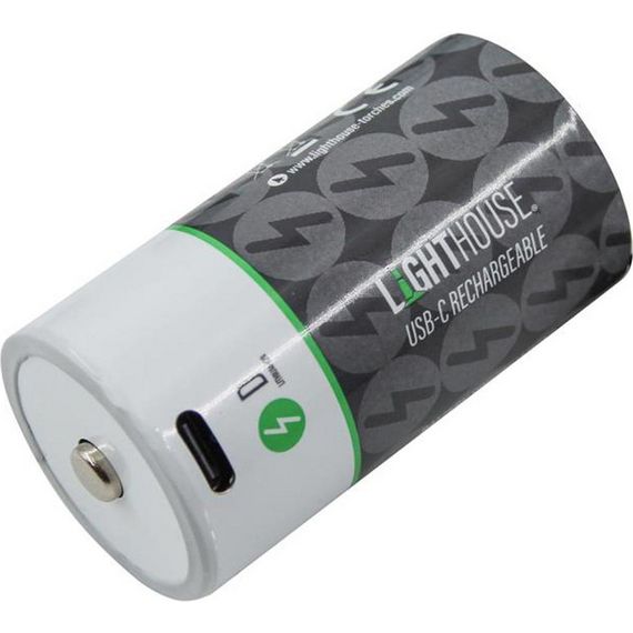 Lighthouse USB-C rechargeable D batteries with white lower half and black patterned upper half featuring green accent band and power indicator light