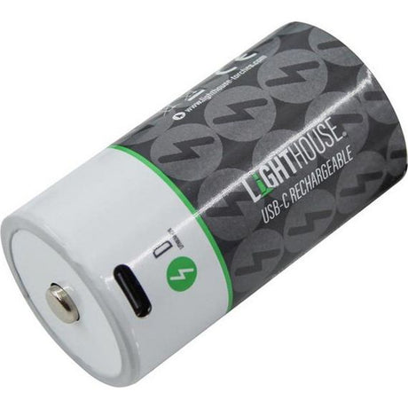 Lighthouse USB-C rechargeable D batteries with white lower half and black patterned upper half featuring green accent band and power indicator light