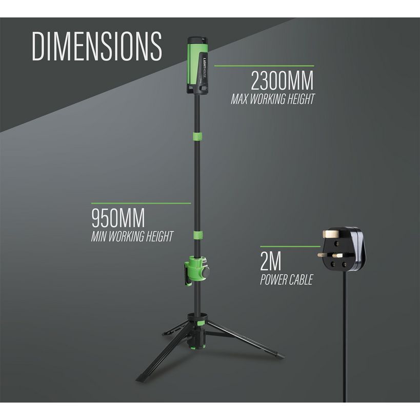 Lighthouse rechargeable site light on tripod stand showing dimensions: 2300mm max working height, 950mm min working height, 2M power cable, featuring green and black design with LED lamp head mounted on adjustable pole with tripod base