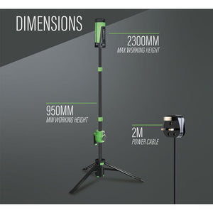 Lighthouse rechargeable site light on tripod stand showing dimensions: 2300mm max working height, 950mm min working height, 2M power cable, featuring green and black design with LED lamp head mounted on adjustable pole with tripod base