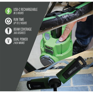 Lighthouse rechargeable LED work light in bright green and black with dual power options, shown being held over wooden beams on construction site, with product specifications including USB-C charging, 2-hour runtime, and 360-degree beam coverage displayed on left side