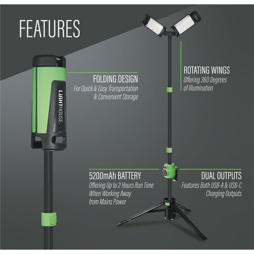 Lighthouse rechargeable site light featuring green and black design with folding tripod stand, rotating dual LED heads, 5200mAh battery, and dual USB charging outputs shown with labeled feature callouts on gray background
