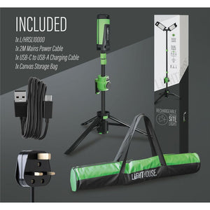 Lighthouse rechargeable site light 10000 lumens with tripod stand, shown in green and black with included accessories: mains power cable, USB-C charging cable, canvas storage bag, and wall-mounted power plug, displayed against grey background with product packaging box