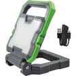 Lighthouse rechargeable LED worklight with 2000 lumens bright white panel, featuring bright green and dark gray plastic housing, adjustable stand base, and black USB charging cable with Lightning connector