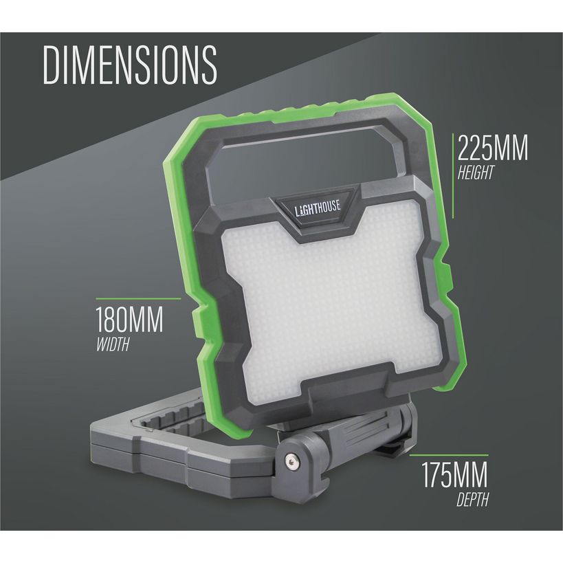 Lighthouse rechargeable work light with 2000 lumens featuring bright green rubber bumper, grey and black plastic housing, white diffuser panel, integrated carry handle, and stand base, showing dimensions of 225mm height, 180mm width, and 175mm depth