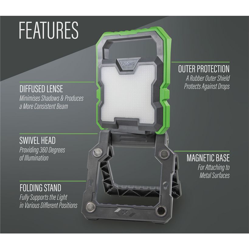 Lighthouse rechargeable worklight 2000 lumens with green rubber outer shield, diffused white lens, swivel head, folding stand, and magnetic base shown against gray background with feature callouts
