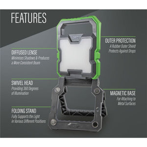Lighthouse rechargeable worklight 2000 lumens with green rubber outer shield, diffused white lens, swivel head, folding stand, and magnetic base shown against gray background with feature callouts