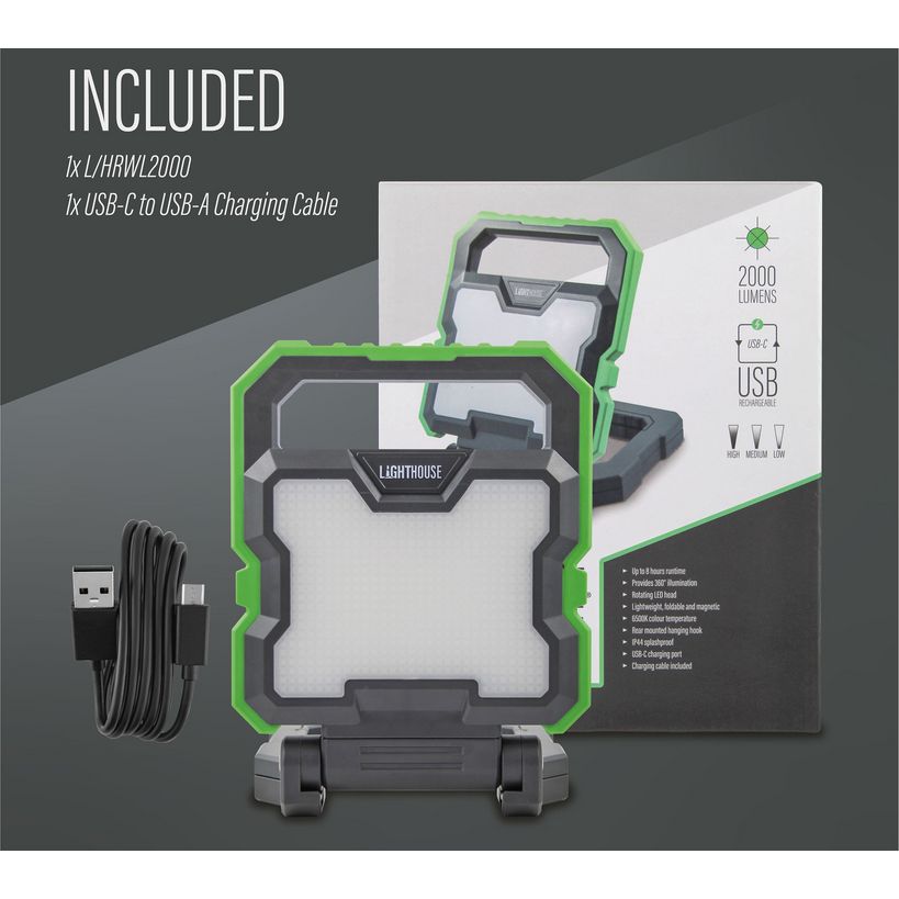 Lighthouse rechargeable work light 2000 lumens with green and black rugged design, showing included USB-C charging cable and product packaging with specifications displayed