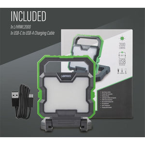 Lighthouse rechargeable work light 2000 lumens with green and black rugged design, showing included USB-C charging cable and product packaging with specifications displayed