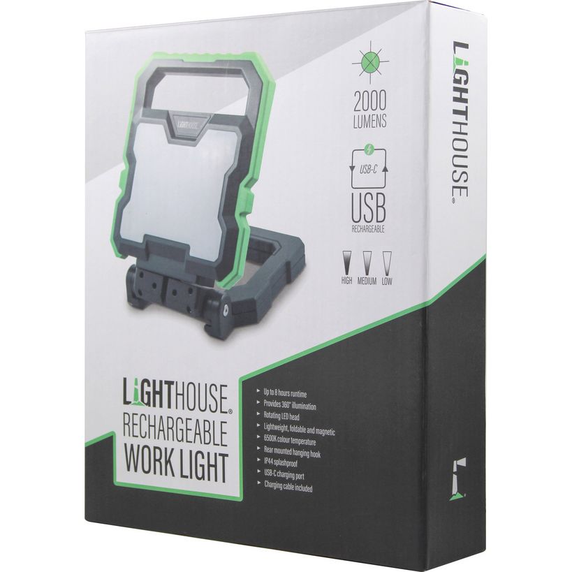 Lighthouse Rechargeable Work Light with 2000 lumens in green and black with USB-C charging port, featuring rotating LED head and magnetic base on retail packaging box
