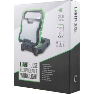 Lighthouse Rechargeable Work Light with 2000 lumens in green and black with USB-C charging port, featuring rotating LED head and magnetic base on retail packaging box