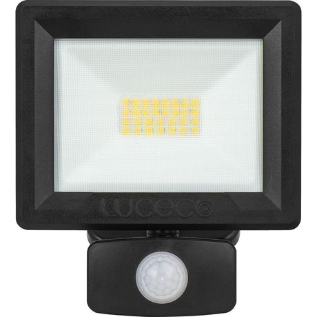 Black LED outdoor floodlight with integrated PIR motion sensor, 20W warm white output, mounted on adjustable tilt bracket with white diffuser panel and rounded base housing