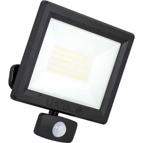 Black Luceco Essence outdoor LED floodlight with 50W power, integrated PIR motion sensor, tilt bracket, and white light panel mounted on black casing