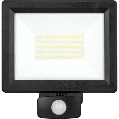 Black Luceco Essence outdoor LED floodlight with 50W power, integrated PIR motion sensor, tilt mounting bracket, and warm white LED display panel