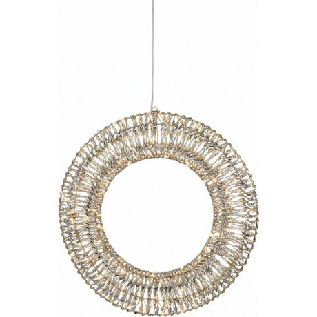 Gold twisted wire wreath with micro LED lights and flashing effect, 70cm diameter, hanging decoration on white background