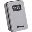 Master Lock combination key safe with silver metal body and black dial lock, wall-mounted security box for storing keys and valuables