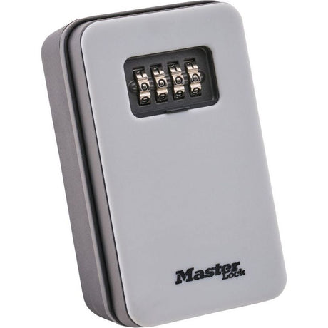 Master Lock combination key safe with silver metal body and black dial lock, wall-mounted security box for storing keys and valuables
