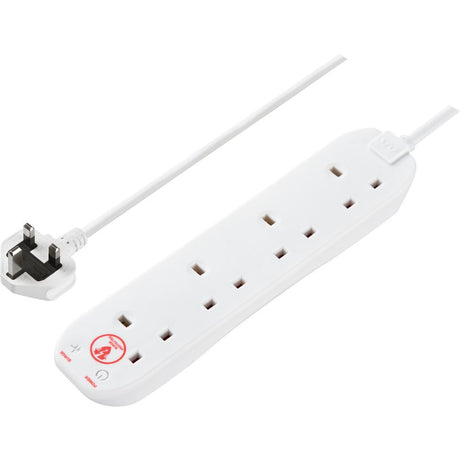 White Masterplug 4 socket surge protected extension lead with UK three-pin plug and power indicator lights