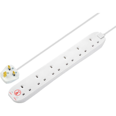 White Masterplug 4 socket surge protected extension lead with UK plug and power switch, featuring integrated cable and safety features