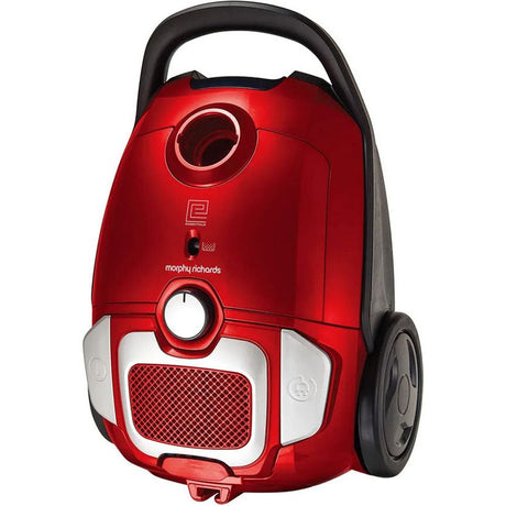 Morphy Richards red and white bagged vacuum cleaner with black handle and wheels, featuring circular dust container and mesh filter detail