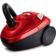 Red and black Morphy Richards Essentials bagged vacuum cleaner with flexible black hose attachment and wheels