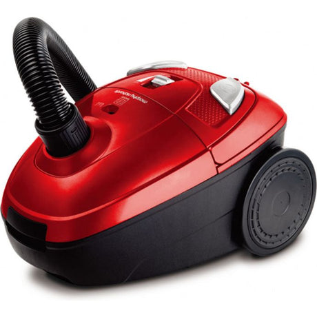 Red and black Morphy Richards Essentials bagged vacuum cleaner with flexible black hose attachment and wheels