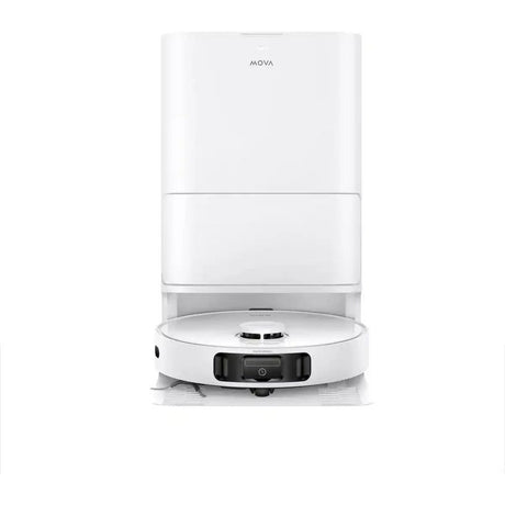 MOVA E40 Ultra white robotic vacuum and mop with automatic dust collection station, showing round robot base with sensor array and rectangular white docking station above