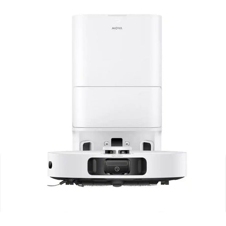 Mova E40 Ultra white robot vacuum and mop with docking station, featuring round base with dual side brushes and central camera, shown from front angle view
