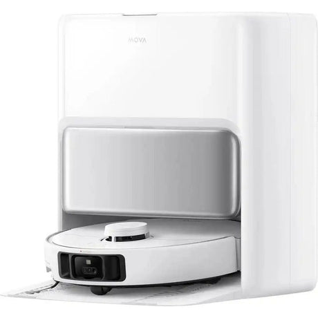 White Mova P50 Pro Ultra robot vacuum and mop with automatic docking station, showing circular white robotic unit with black sensors docked in white charging base