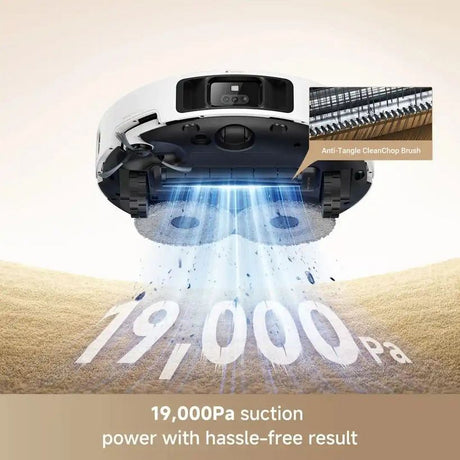 Mova P50 Pro Ultra robot vacuum cleaner in white and black shown from above demonstrating 19,000Pa suction power with water spray pattern on sandy floor, featuring Anti-Tangle CleanChop Brush technology and dual water tanks for vacuuming and mopping functionality