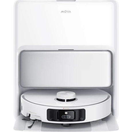 Mova P50 Ultra white robot vacuum and mop with charging dock, featuring circular white base with black control panel and sensor, displayed front view against white background