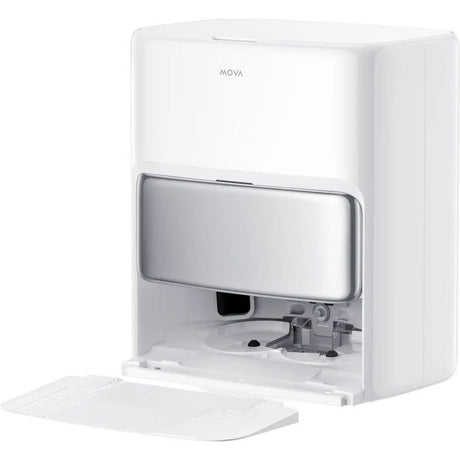 White Mova P50 Ultra robot vacuum and mop with silver dust bin drawer pulled open showing internal components and collection tray on white background