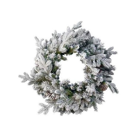 Snowy Dorchester Pine Wreath 75cm with frosted white branches, green pine needles and natural pinecones on white background