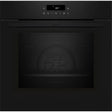 Neff N30 single pyrolytic built-in oven with black finish, digital display showing 180 degrees, control panel with touch icons, and open oven cavity revealing interior rack and heating elements