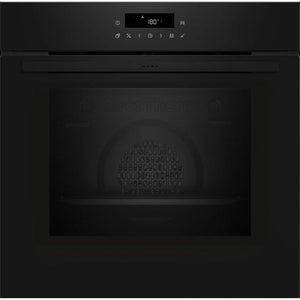Neff N30 single pyrolytic built-in oven with black finish, digital display showing 180 degrees, control panel with touch icons, and open oven cavity revealing interior rack and heating elements