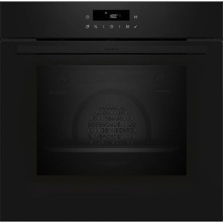 Neff N30 single pyrolytic built-in oven with black finish, digital display showing 180 degrees, control panel with touch icons, and open oven cavity revealing interior rack and heating elements