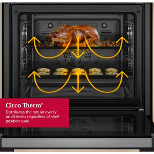 Neff N30 black built-in single oven with Circo Therm technology diagram showing even heat distribution across multiple shelf levels, featuring a roasted chicken on upper rack and roasted vegetables on lower rack
