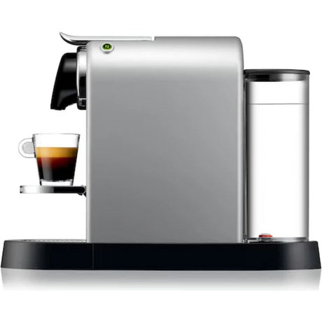 Nespresso Citiz pod coffee machine in silver with black base, featuring a water reservoir, drip tray with espresso cup, and chrome accents