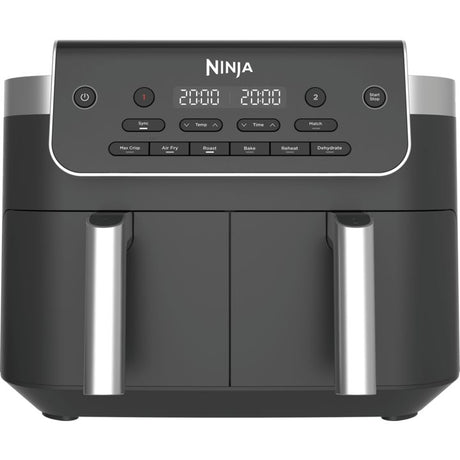 Ninja DZ801UK 7.6 litre twin drawer dual zone air fryer with black and stainless steel finish, digital display showing dual temperature controls, and multiple cooking function buttons including air fry, roast, bake, reheat and dehydrate