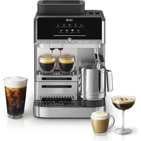 Ninja AutoBarista automatic espresso coffee machine with stainless steel and black design, featuring digital display, dual espresso cups, milk frother pitcher, and four example beverages including iced coffee, espresso, cappuccino and latte