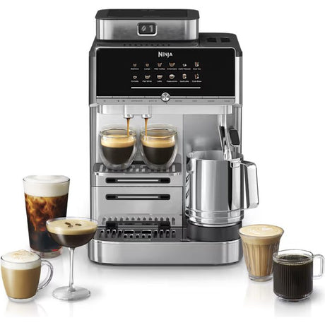 Ninja AutoBarista Pro automatic espresso coffee machine AE1051UK in stainless steel and black with attached milk frother, displaying various coffee beverages including espresso, cappuccino, latte and iced coffee in cups and glasses arranged in front